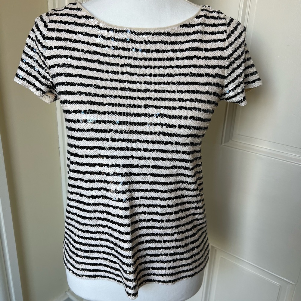 J. Crew Black and Cream Sequin Striped Tee - XS